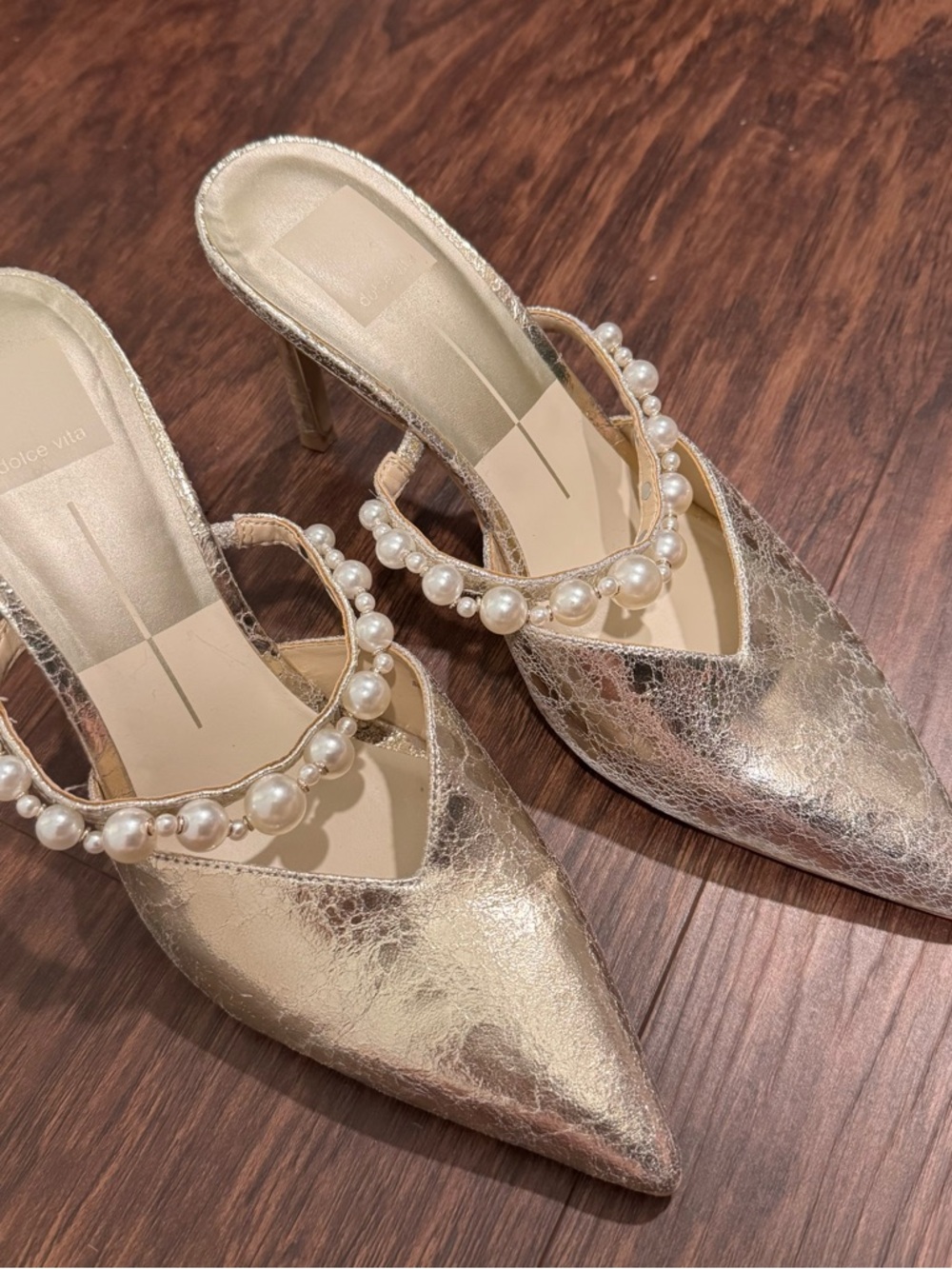 Dolce Vita Gold Pearl-Trim Pointed Toe Mules